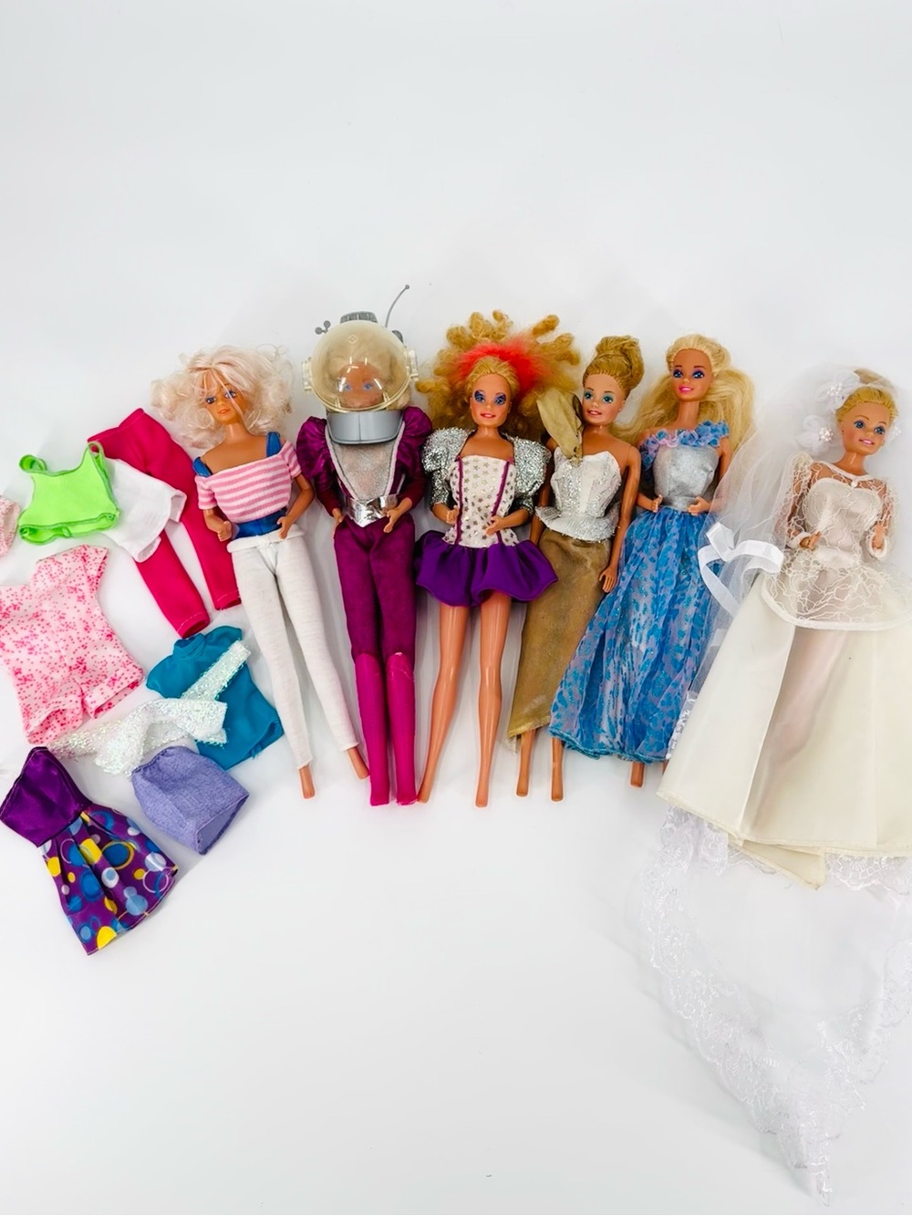 Lot-of-6 80s-90s Vintage Barbie Dolls (Bride, Astronaut, 91’ Beauty Queen) & Acc